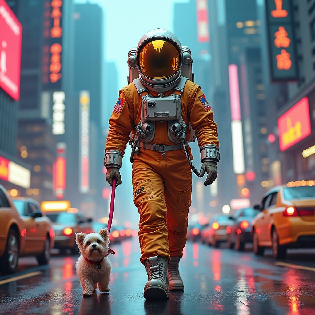 And astronaut in space suit walking a tiny shih Tzu on a lea...