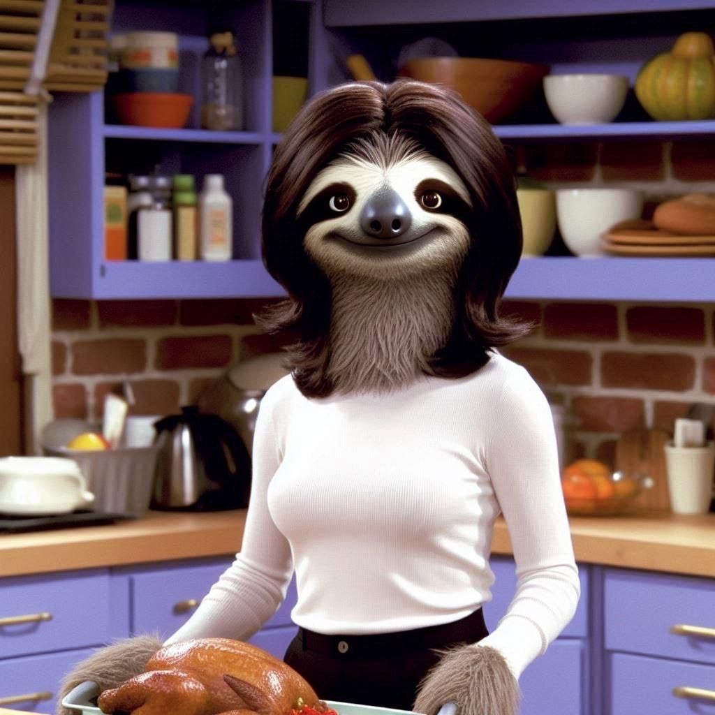 Courtney Coxsloth as Slothica Geller, in “Friends”