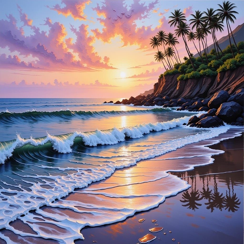 Sunset Waves at Waimea <lora:Impasto Paint:1.0> 