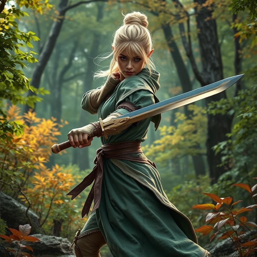 A beautiful female wood elf fighter stands in the midst of a lush, magical fantasy deciduous forest. Her light blonde hair, with fluttering...