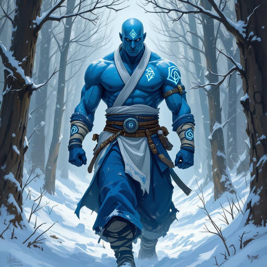 A Elemental monk class frost Goliath who is bald around 8ft tall and very muscular with blue toned skin. he wears blue and white gi. Wearing...