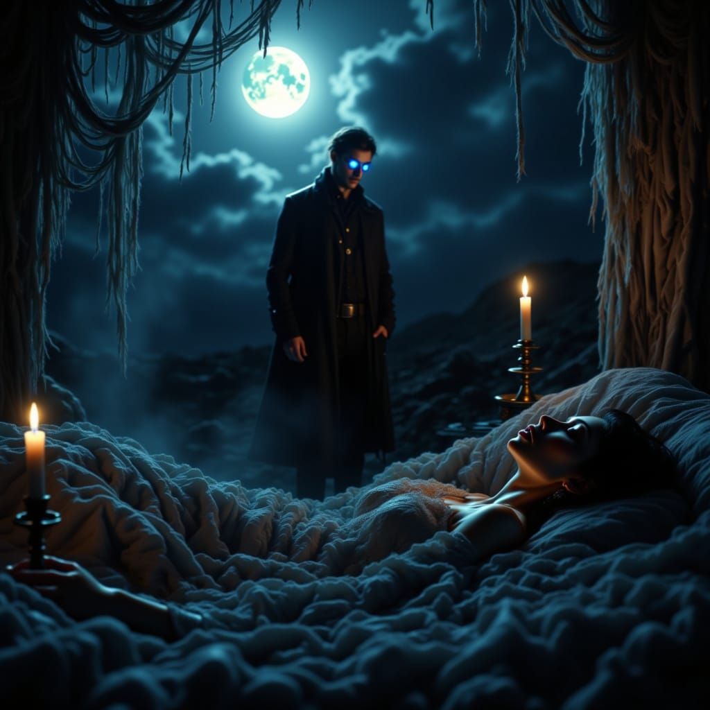 <lora:Untamed Beauty:1.0> A dark romantic fantasy scene under a full moon — a mysterious man with glowing blue eyes watching over a sleeping...