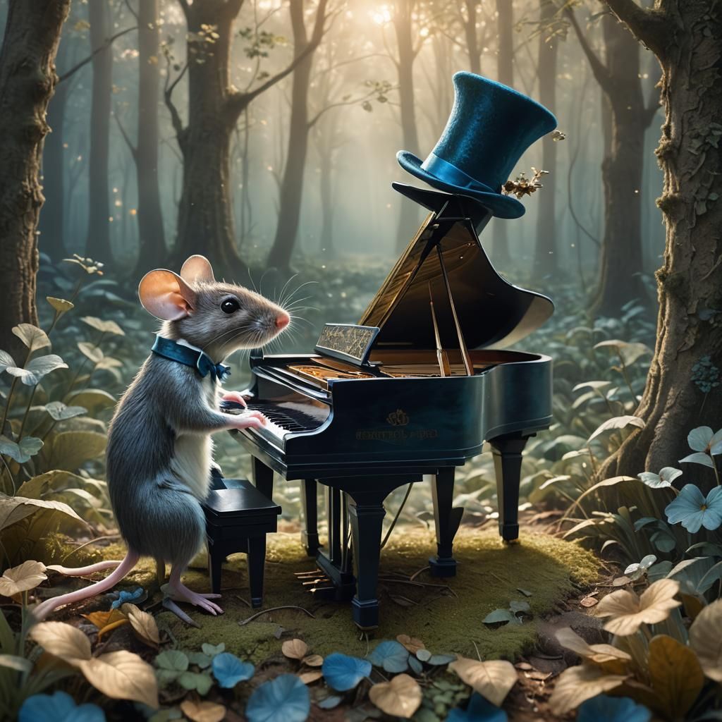 Mouse Plays Piano in Mystical Forest: Fantasy Art
