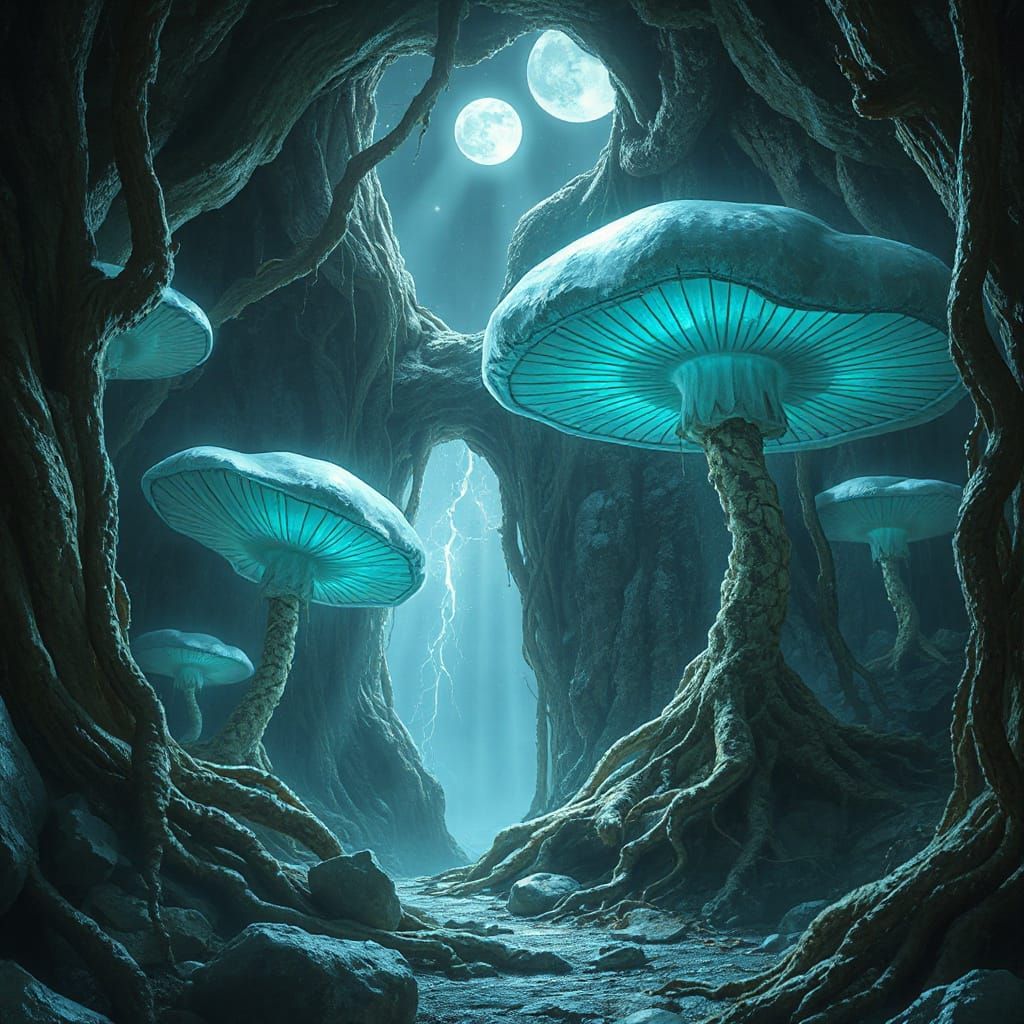 moonlit forest cave filled with giant glowing mushrooms, silver-blue bioluminescent caps, underground root network shimmering with soft ligh...