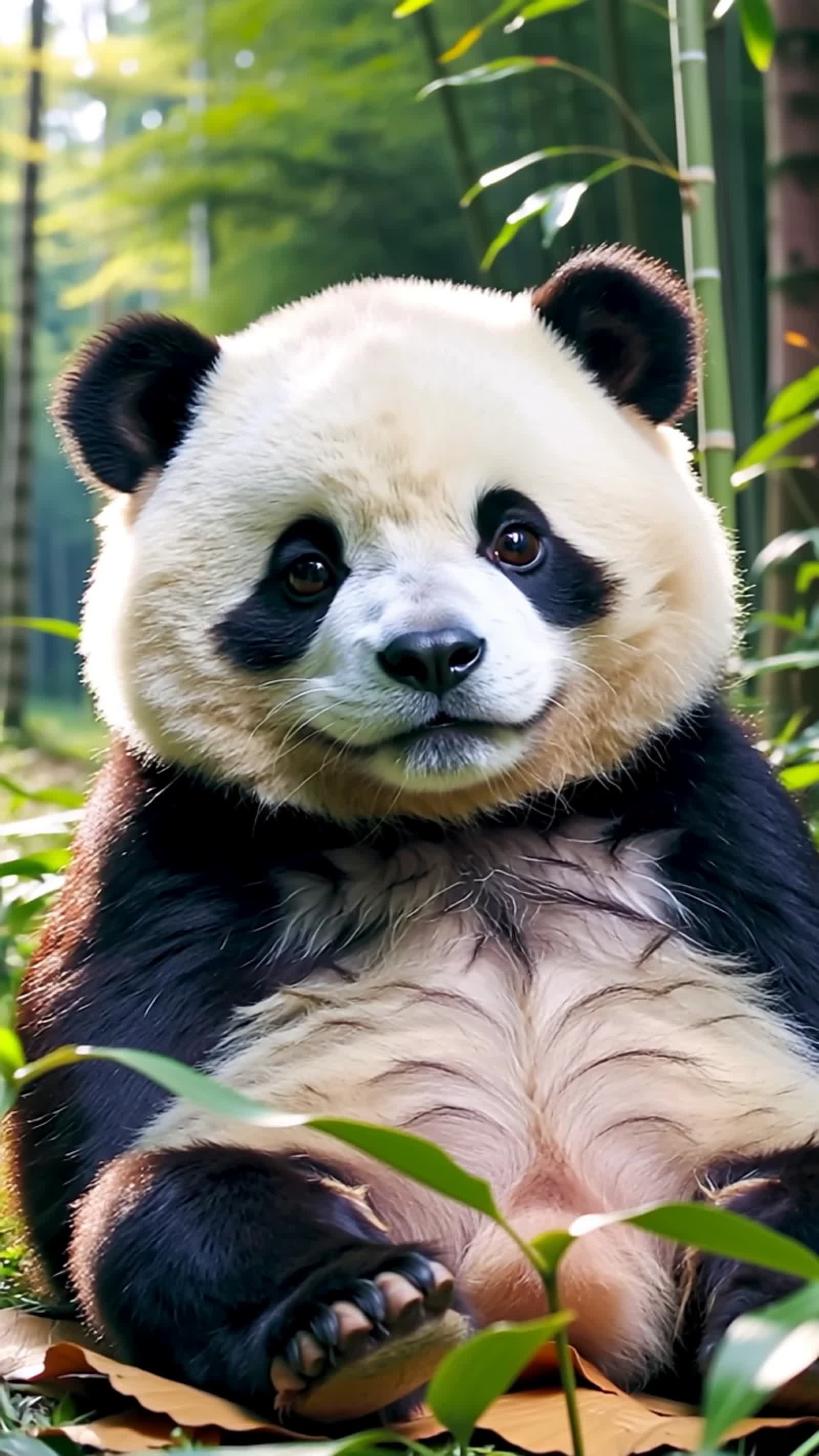 A cute panda bear sitting in a bamboo forest, soft lighting, highly detailed fur, peaceful expressio