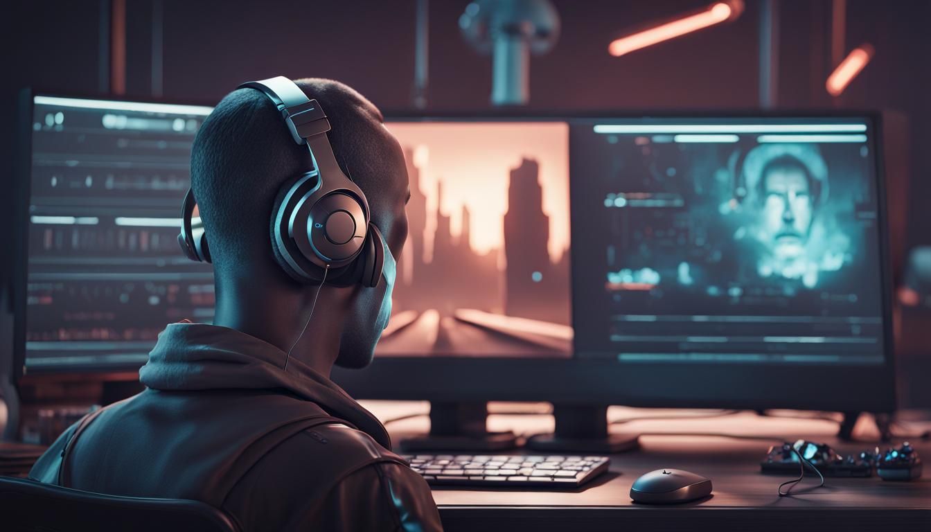 Illustrate a futuristic, dystopian scene where  headphones a...