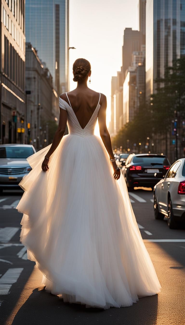 Tulle, white dress with tulle in a city