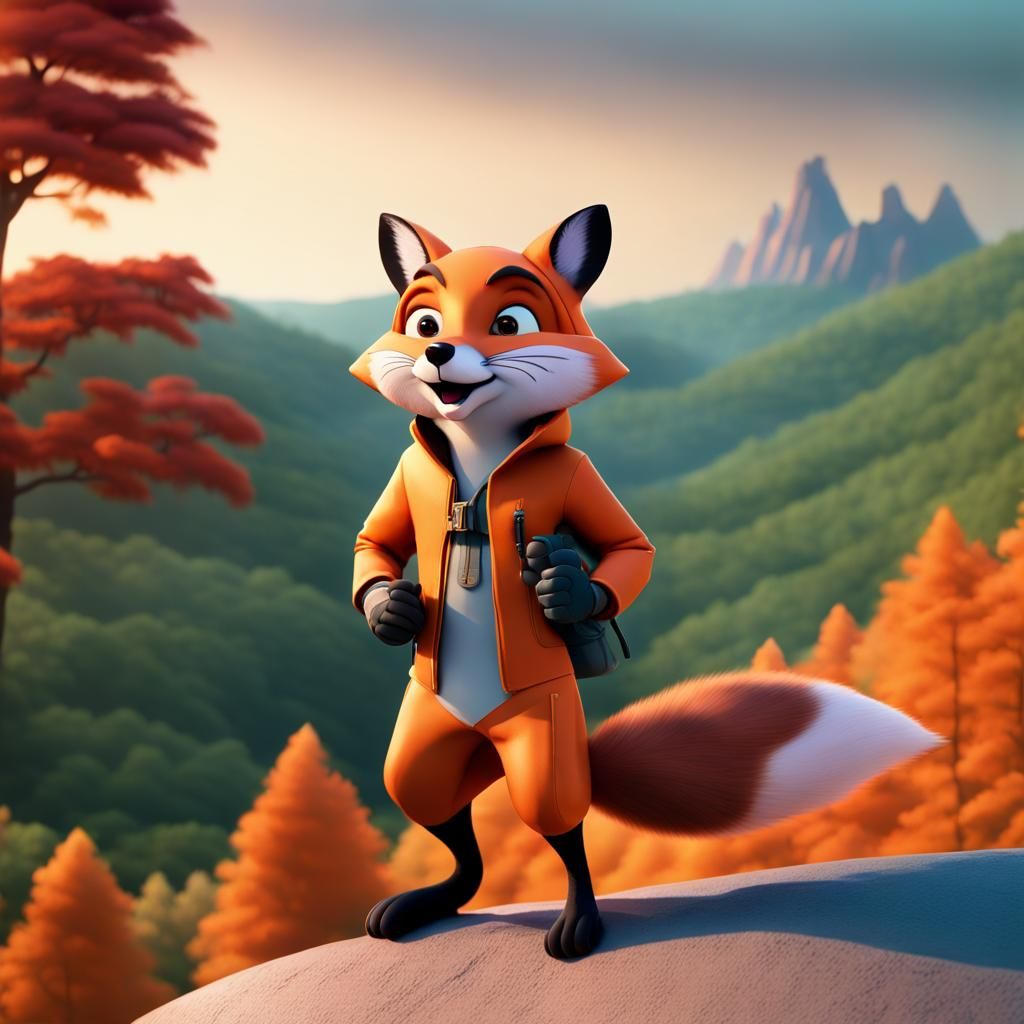 Mr. Fox wearing a helmet, gloves, and jacket, climbing a hill with a ...