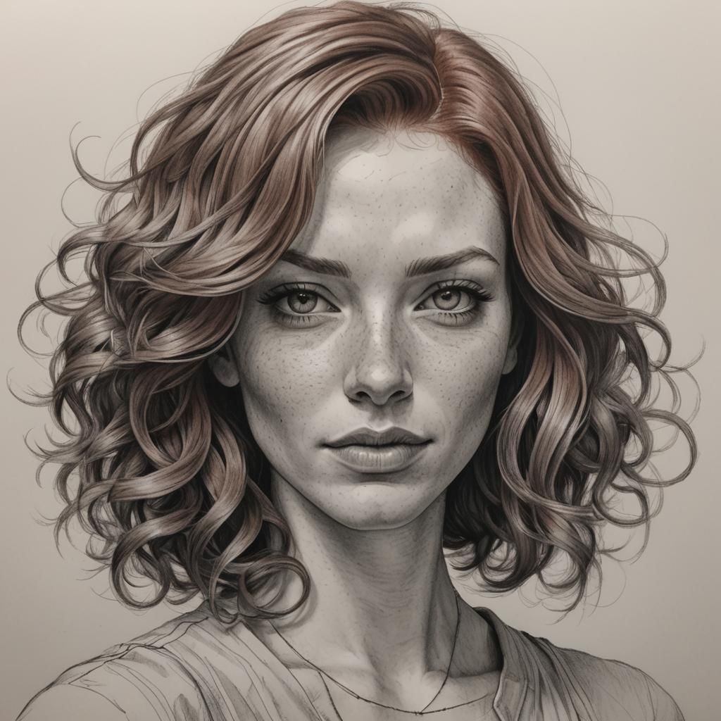 make a pencil drawn sketch of a girl with: short sassy fiery red hair, likely with some natural waves or curls that bounce with her movement...