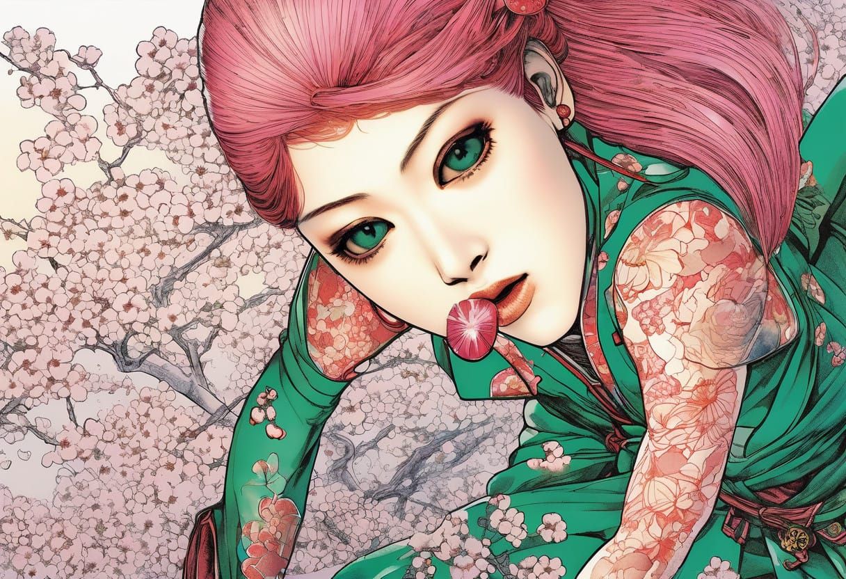 Whimsical Sakura Maiden in Japanese Manga Style