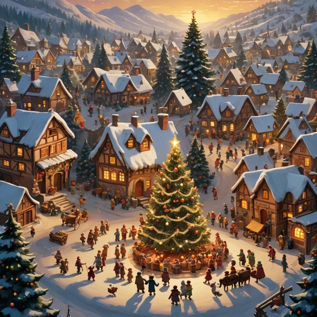 Christmas Village Scene with Santa in Unreal Engine Style