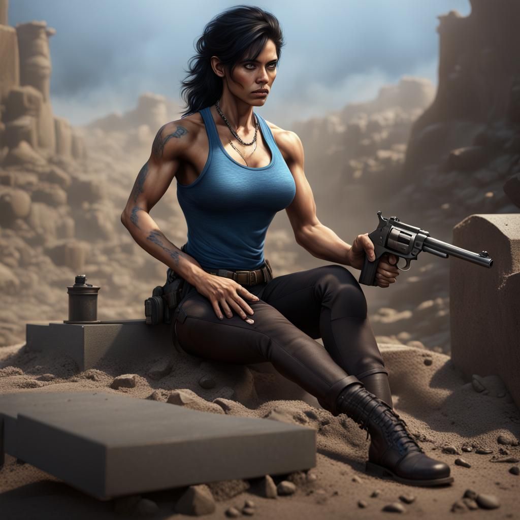 A muscular woman with olive skin, black hair, dark brown eye...