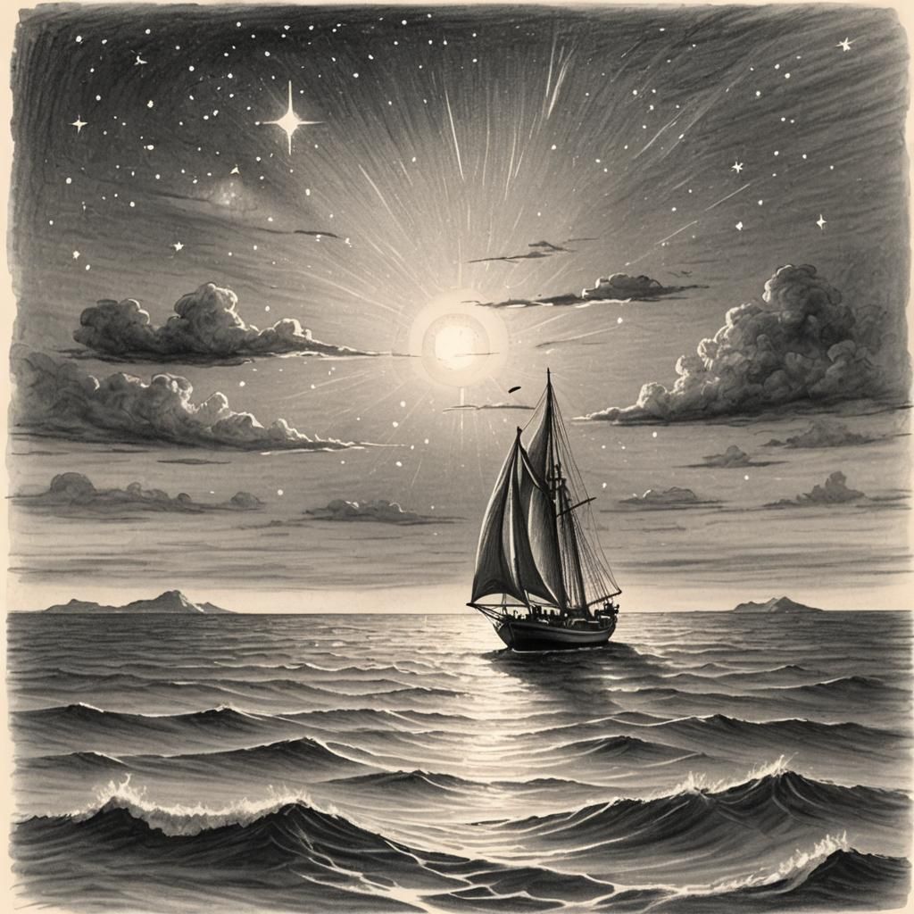 Ocean Sunset Pencil Sketch with Sailboat
