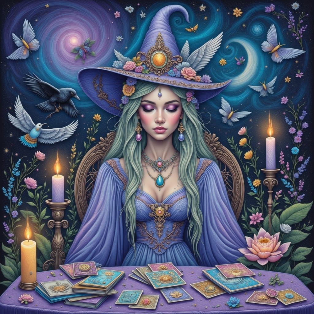 Mystical Tarot Witch Amidst Glowing Cards in Pastel Style