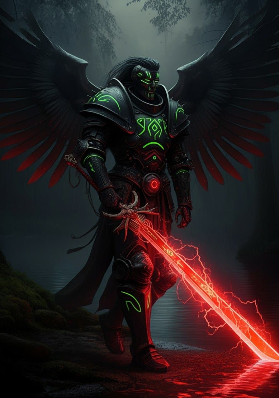 Onyx Angel with Glowing Greatsword in Dark Forest