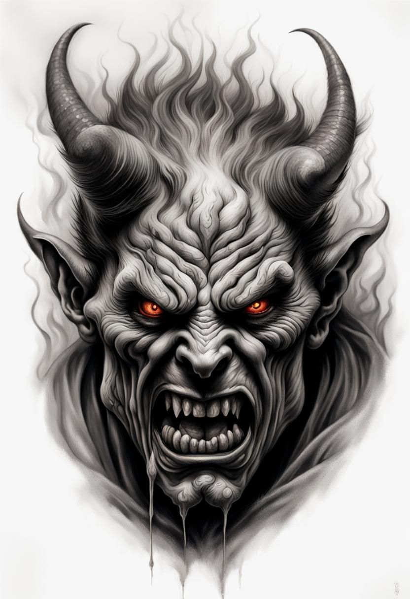 An angry devil with fire in his eyes. Drawn in Neo-Traditional Tattoo ...