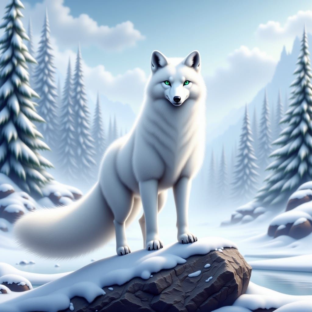 <lora:White Fantasy:1.0>White Polarfox in a Winterscene Landscape, Hyper-detailed 3D glossy oil airbrush artwork