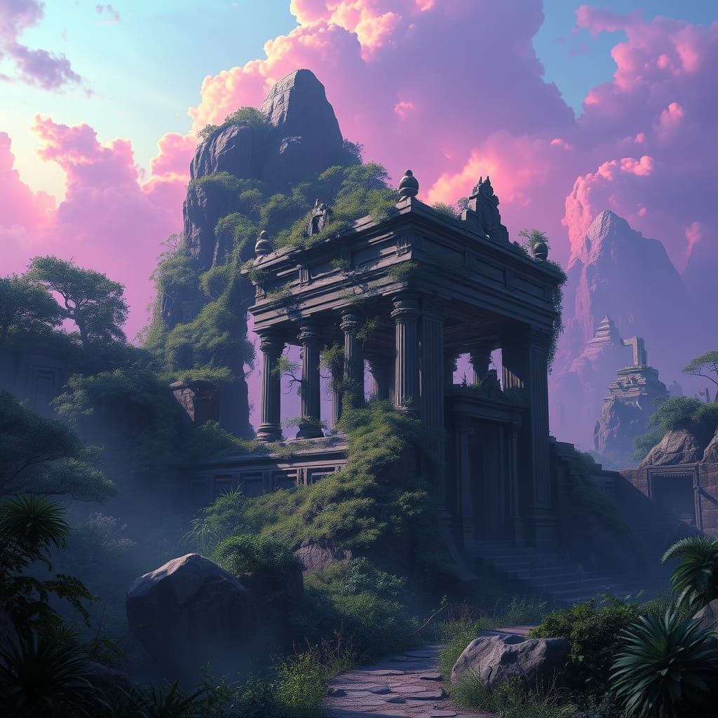 Ancient Temple Amidst Vibrant, Gradient Skies