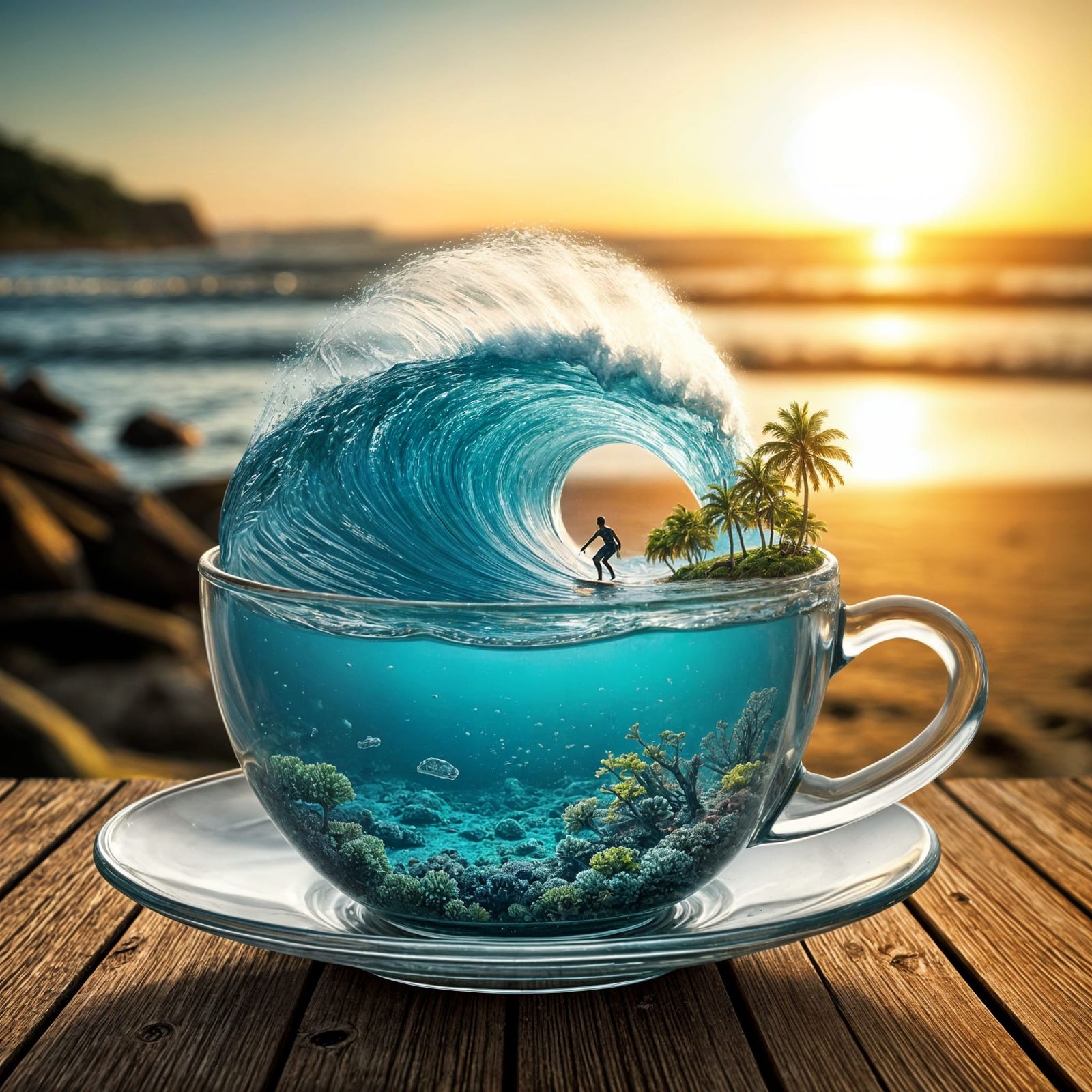 Transparent glass teacup with a Wavesurfer  by @Michelll