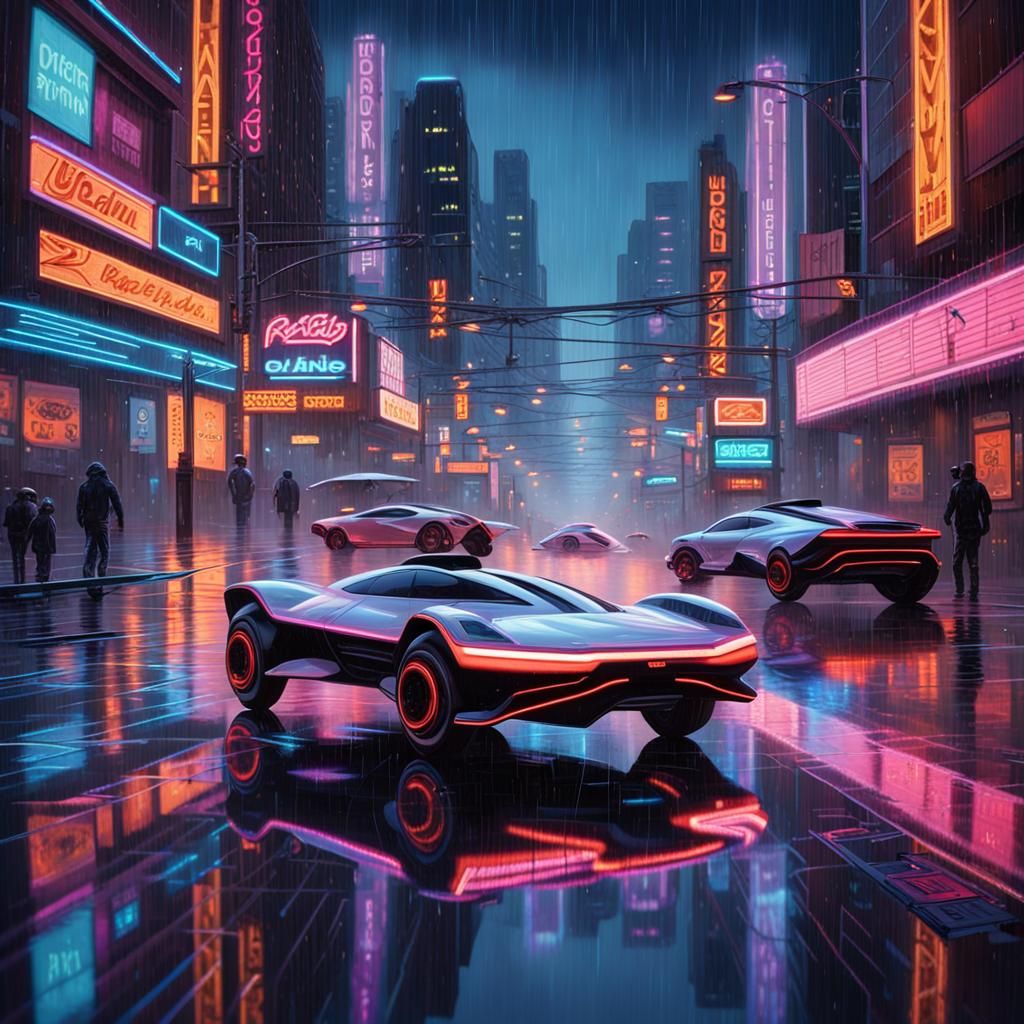 "detailed, Futuristic hover cars, dark iridescent satin pain...
