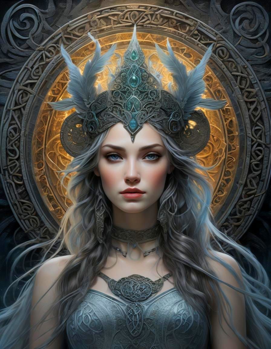 portrait of celtic goddess ; engraved runes in the background // Ethereal fantasy, hyperdetailed, mist, ...  by @Didier B