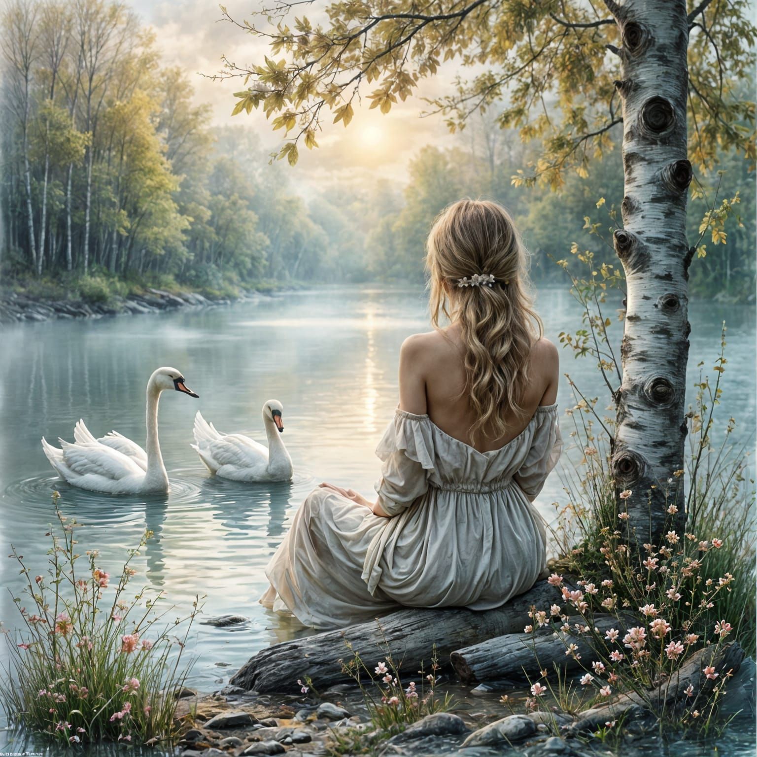  A woman sits on a lake shore enjoying inner peace.  by @Papillon