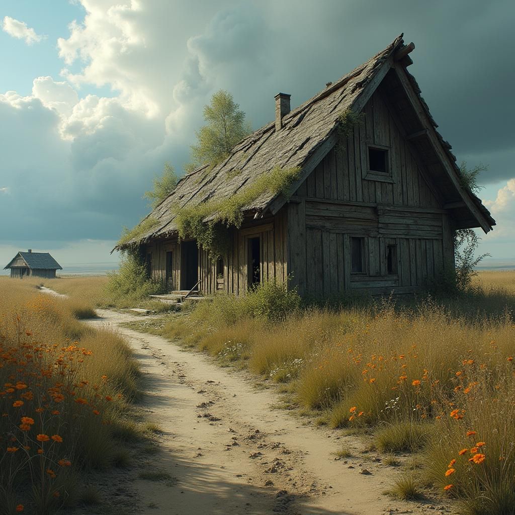 Ruins of an ancient decaying wooden long hall on the right side, seen from a mud stoney path with abandoned fields and burnt tatched housed, in the beginning of winter