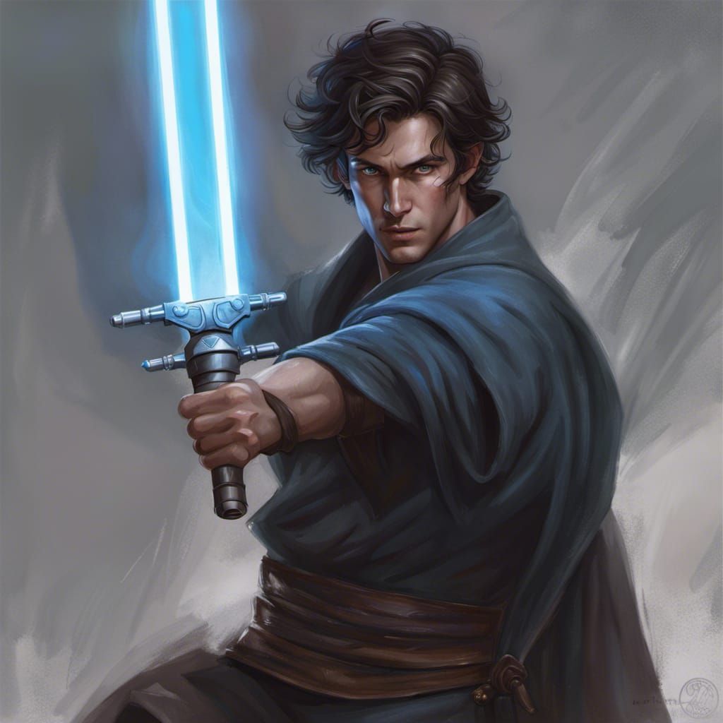 Young Harry Dresden dark hair bare headed wielding a blue lightsaber head  and shoulders portrait, 8k resolution concept art portrait by Greg - AI  Generated Artwork - NightCafe Creator