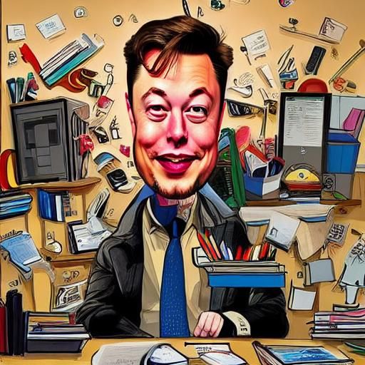 a 3/4 view caricature of a elon musk frantically typing