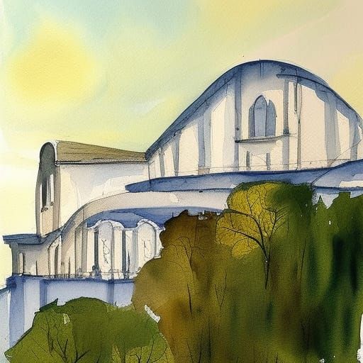 Watercolor of a buildign above the trees