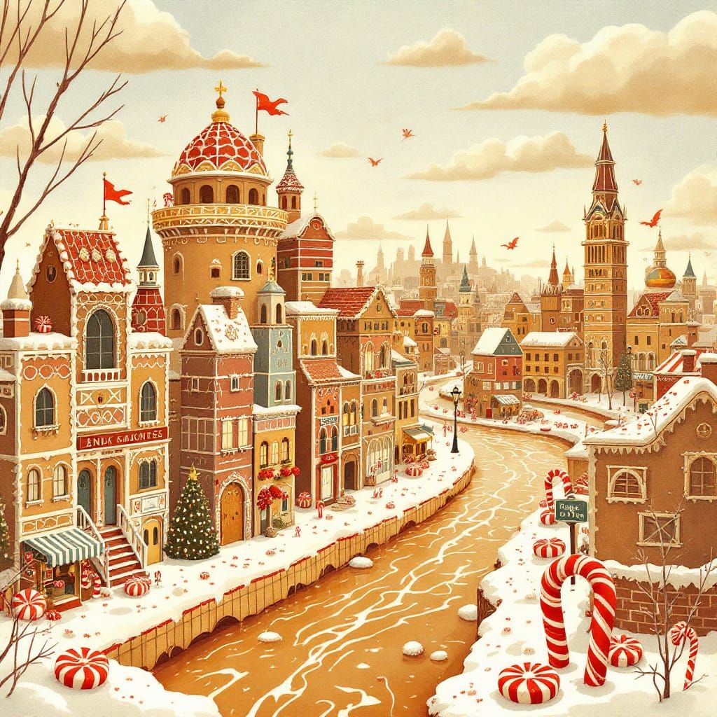 Gingerbread Cityscape with Caramel River in Vintage Style