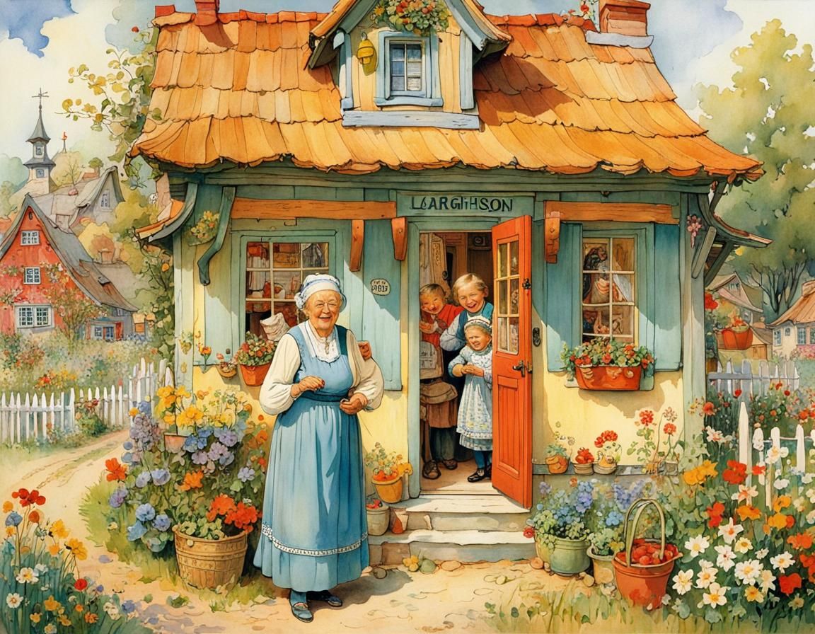 the laughing grandmother stands in front of her crooked cozy...