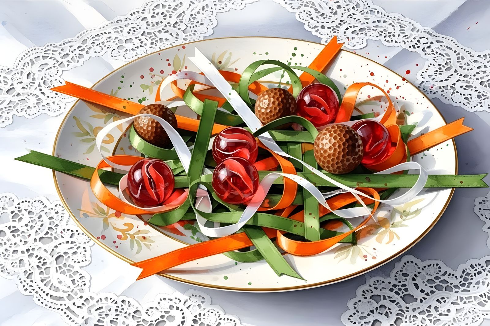 Gift-wrap ribbons, swirl marbles, and golf balls pasta dish  by @Gary Murakami