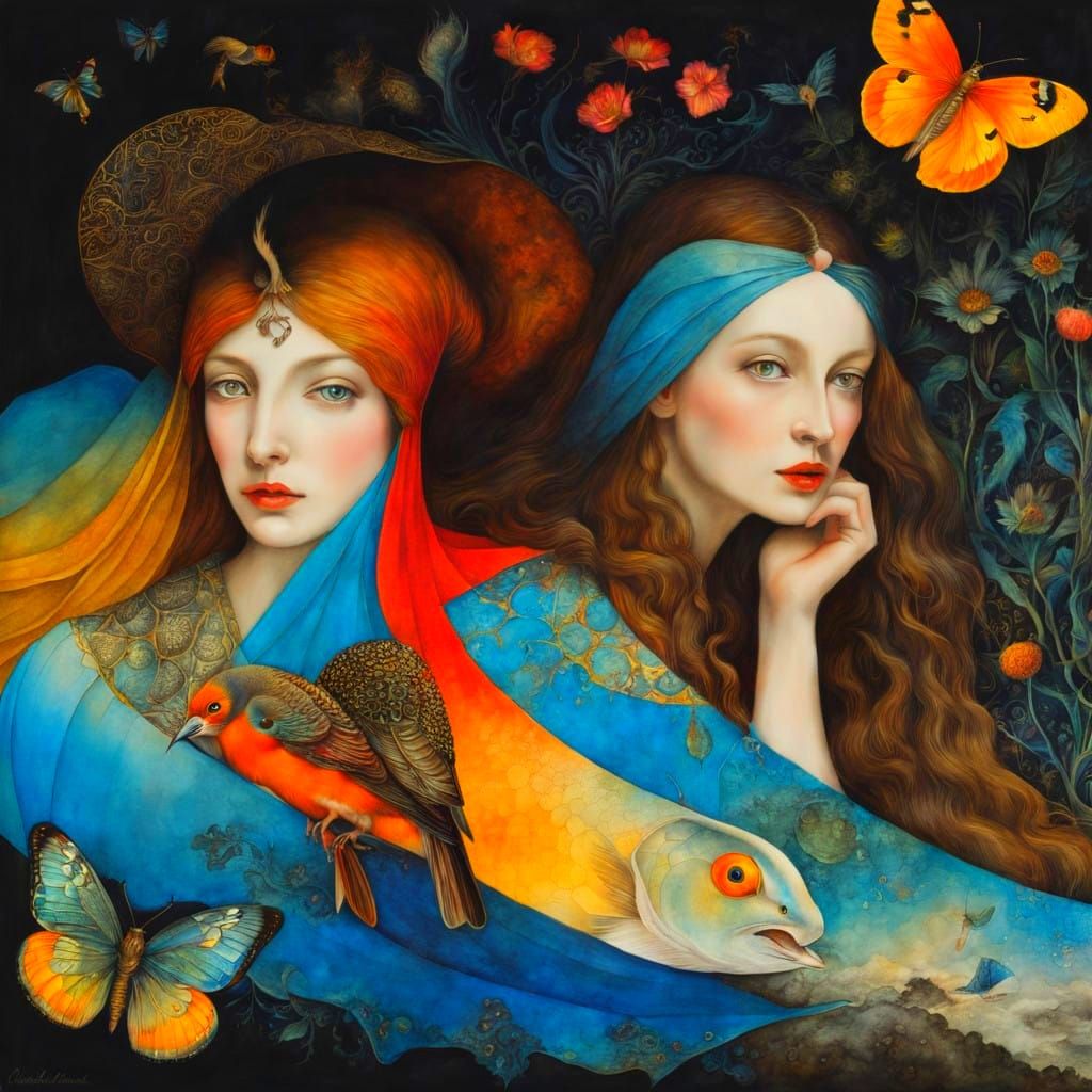 Medieval Ladies Surrounded by Whimsical Creatures in Vibrant...