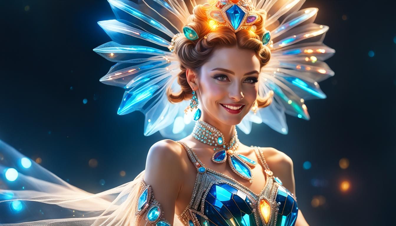 ""beautiful smiling woman wearing an intricate futuristic dr...