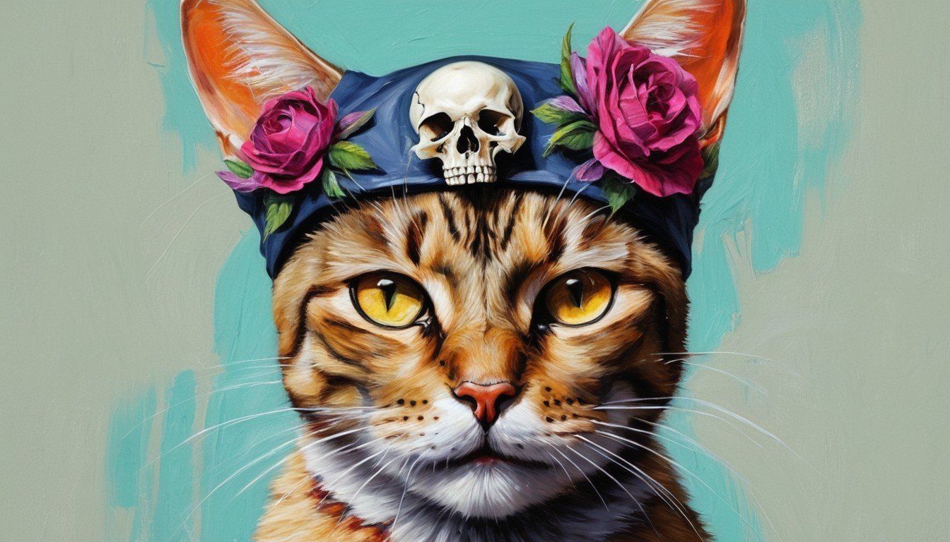 cat with skull and roses