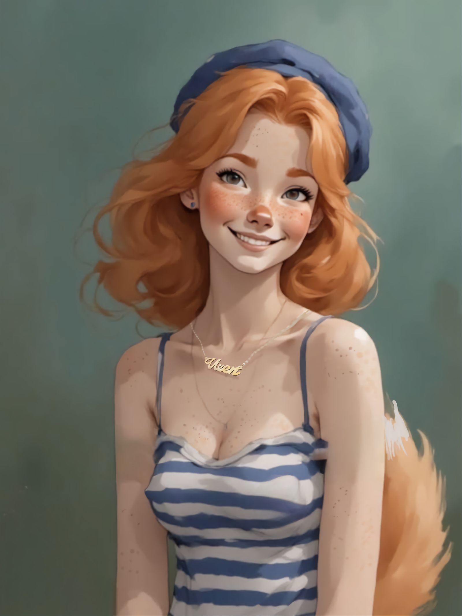 Vixen smiles. Wearing a striped tank and matching beret