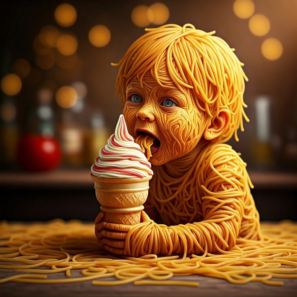 Spaghetti Child Eating Ice Cream: Photorealistic Food Art