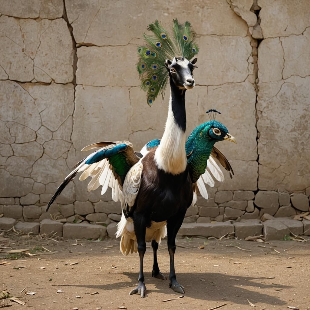 a goat with goose wings and a peacock head