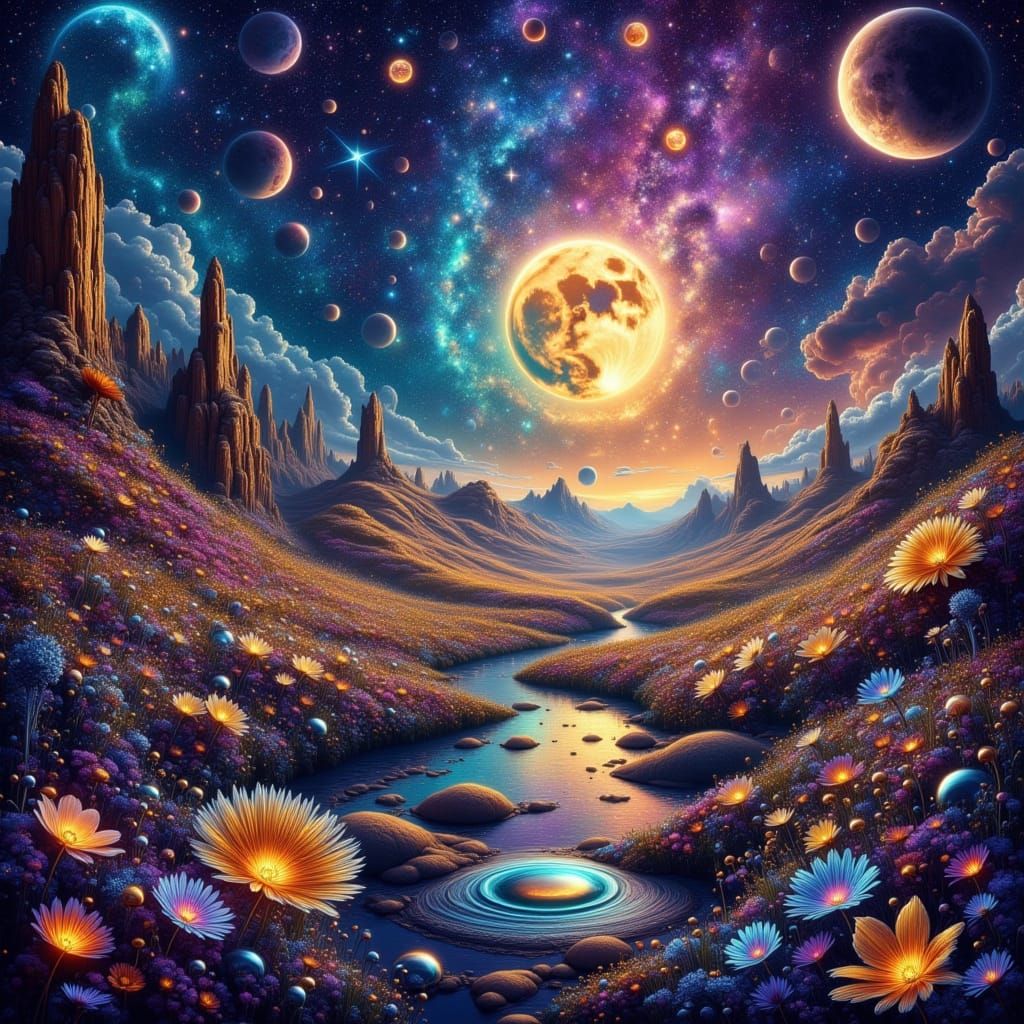 Bioluminescent Baroque Squid in Dreamy Cosmic Landscape