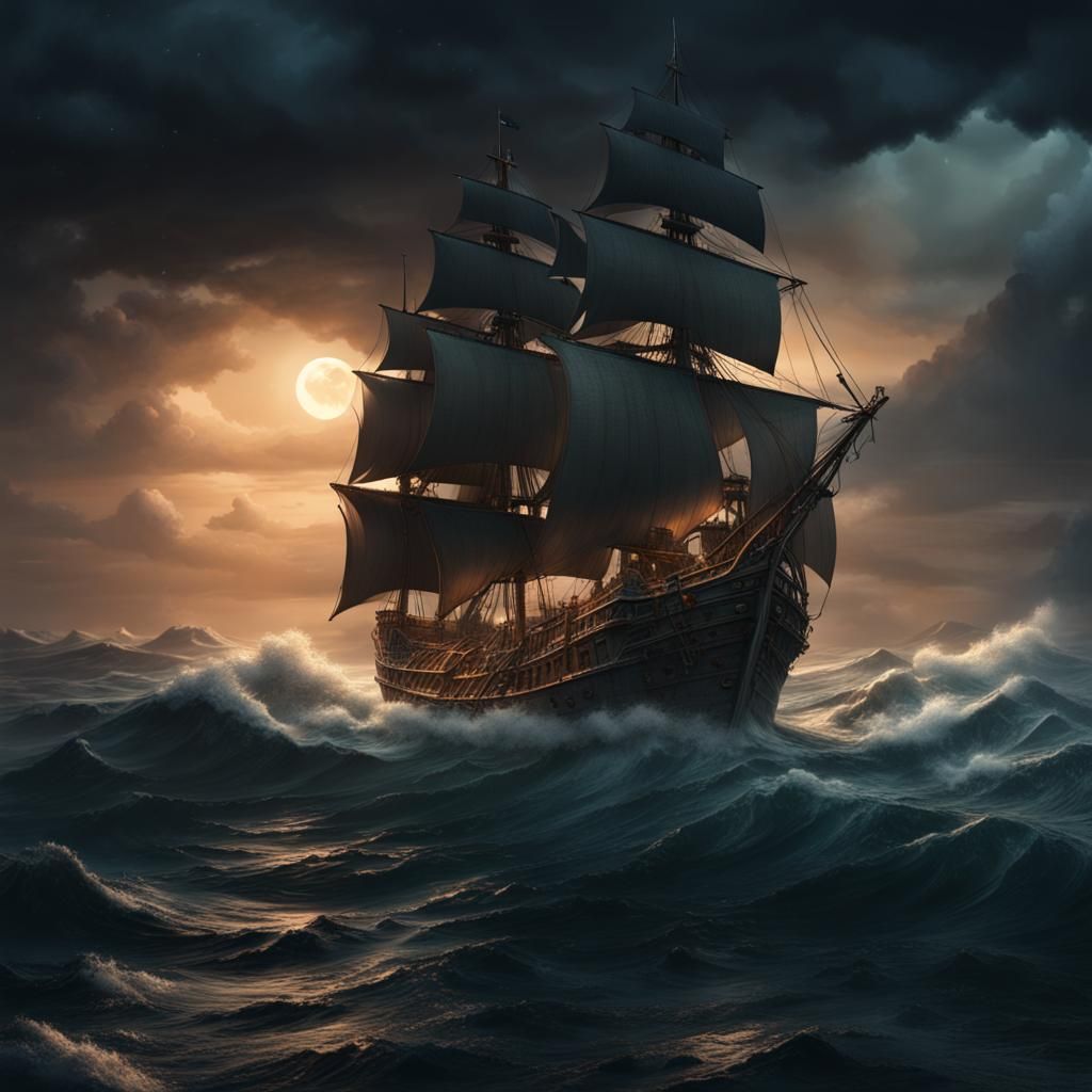 A ship in the Atlantic during a stormy night