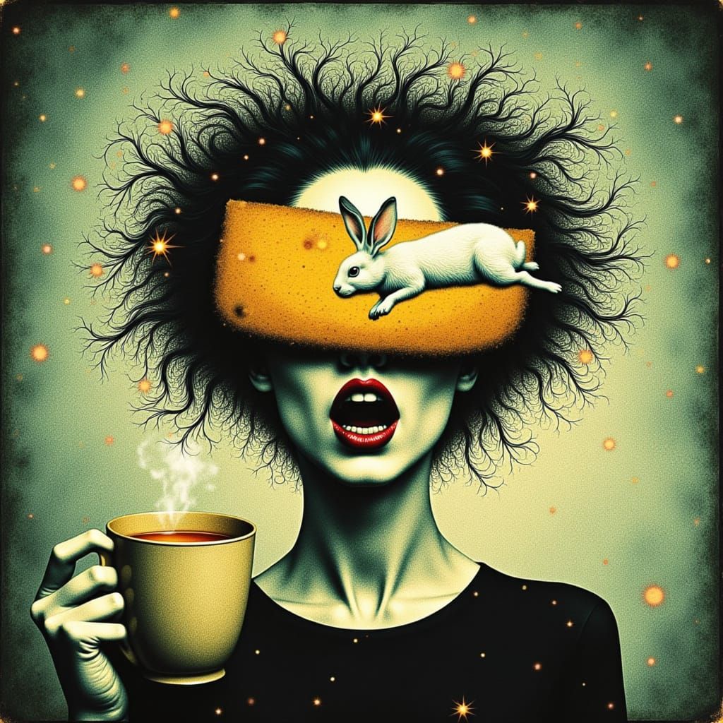 <lora:Sureally:1.0> In a vintage photograph with a surreal twist, a woman with flowing hair reaches out towards a floating white rabbit that...