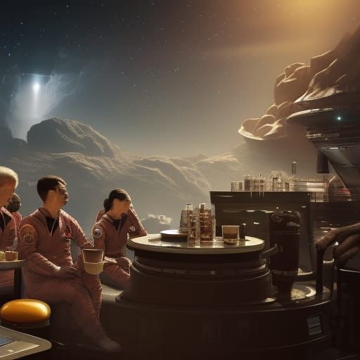 Astronauts drinking cofee in a cafe on an asteroid detailed ...