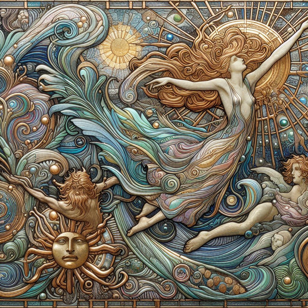 Art nouveau. metallic copper and bronze., intricate , dramatic Van Gogh, Arthur Rackham , Paul Klee , watercolour
