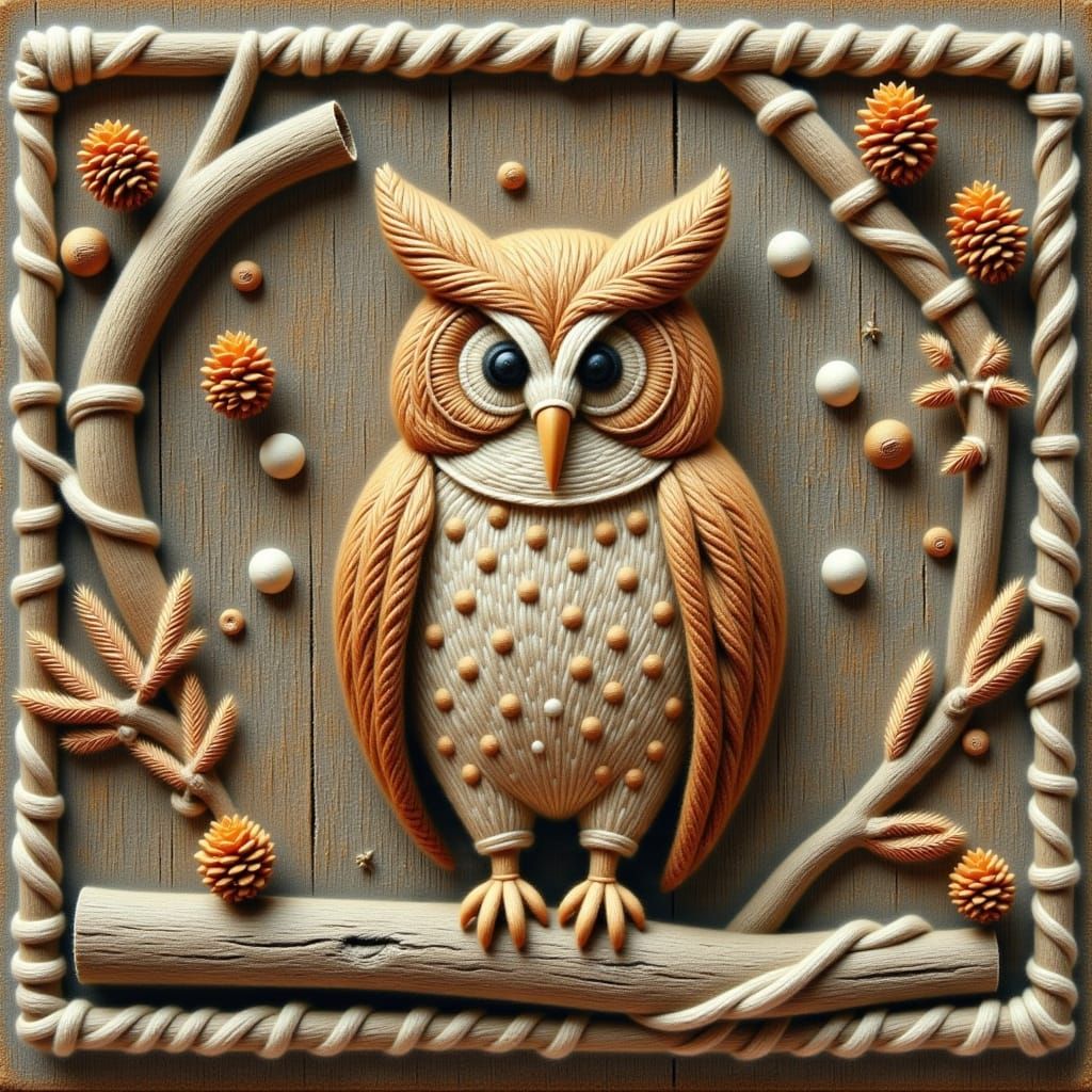 <lora:straw:1.0> Owl on a pine branch with cones. Macrame panel on a crooked gray branch. Folk art, weaving