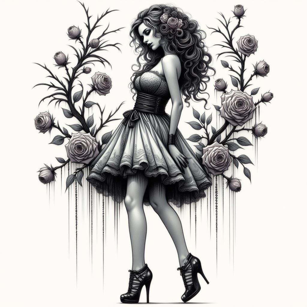 Whimsical Goth Woman in Delicate Bloom