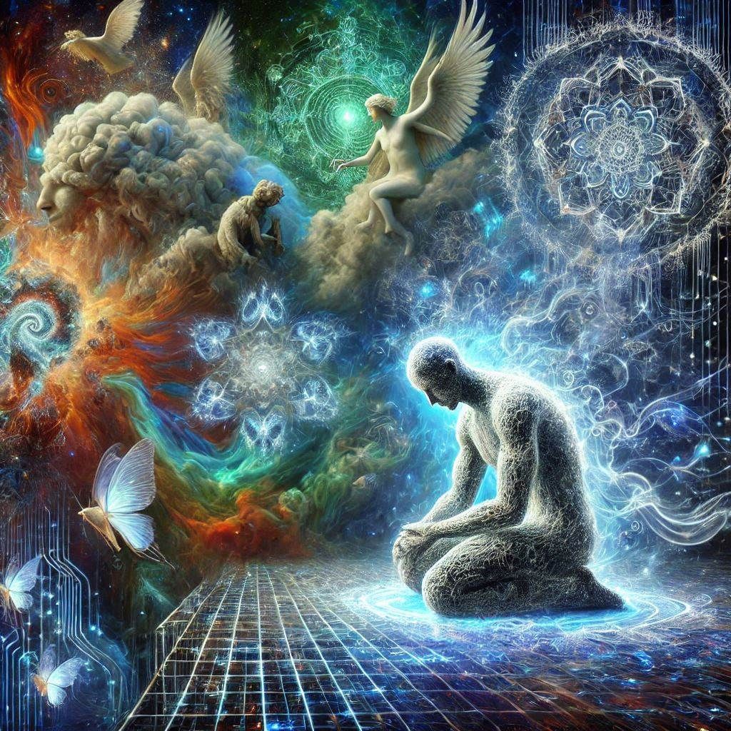 A kneeling, crystalline robed figure