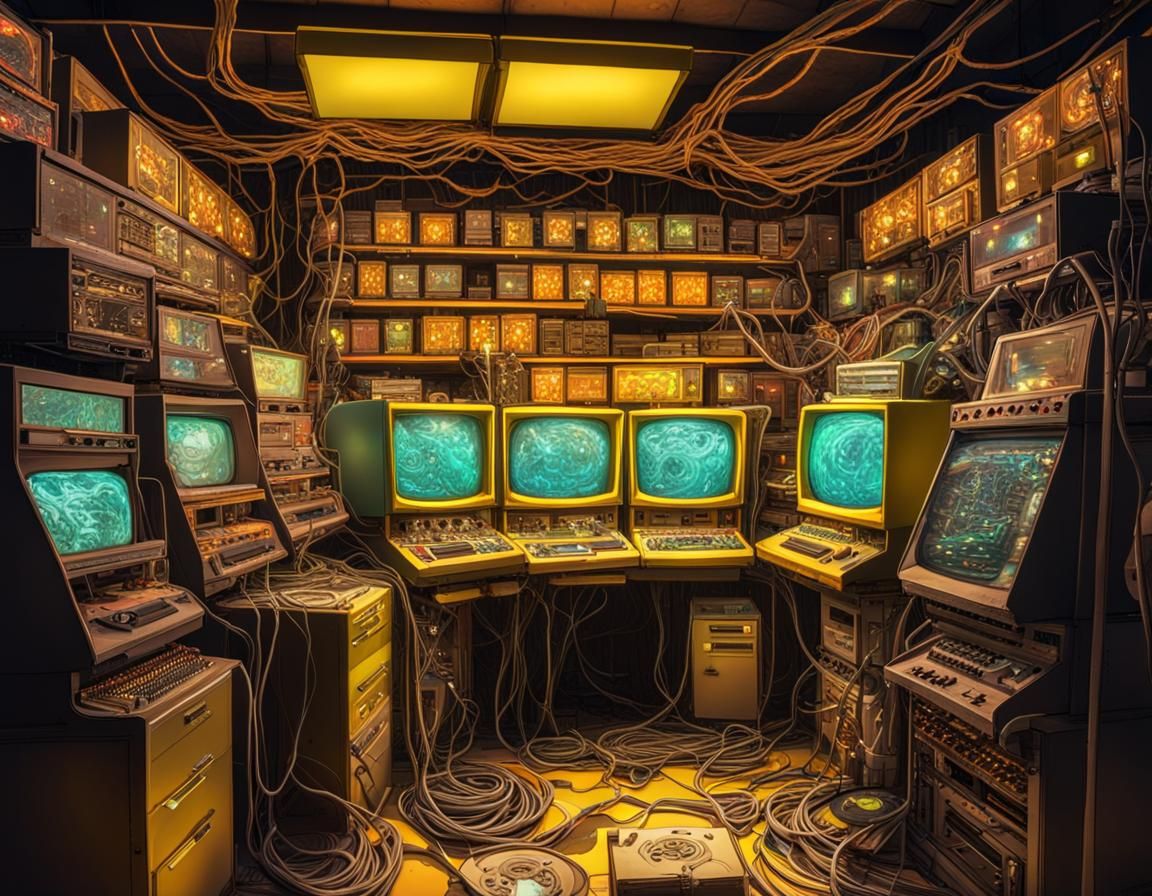 A psychedelic dieselpunk 1950s computer rig filling an entire room with