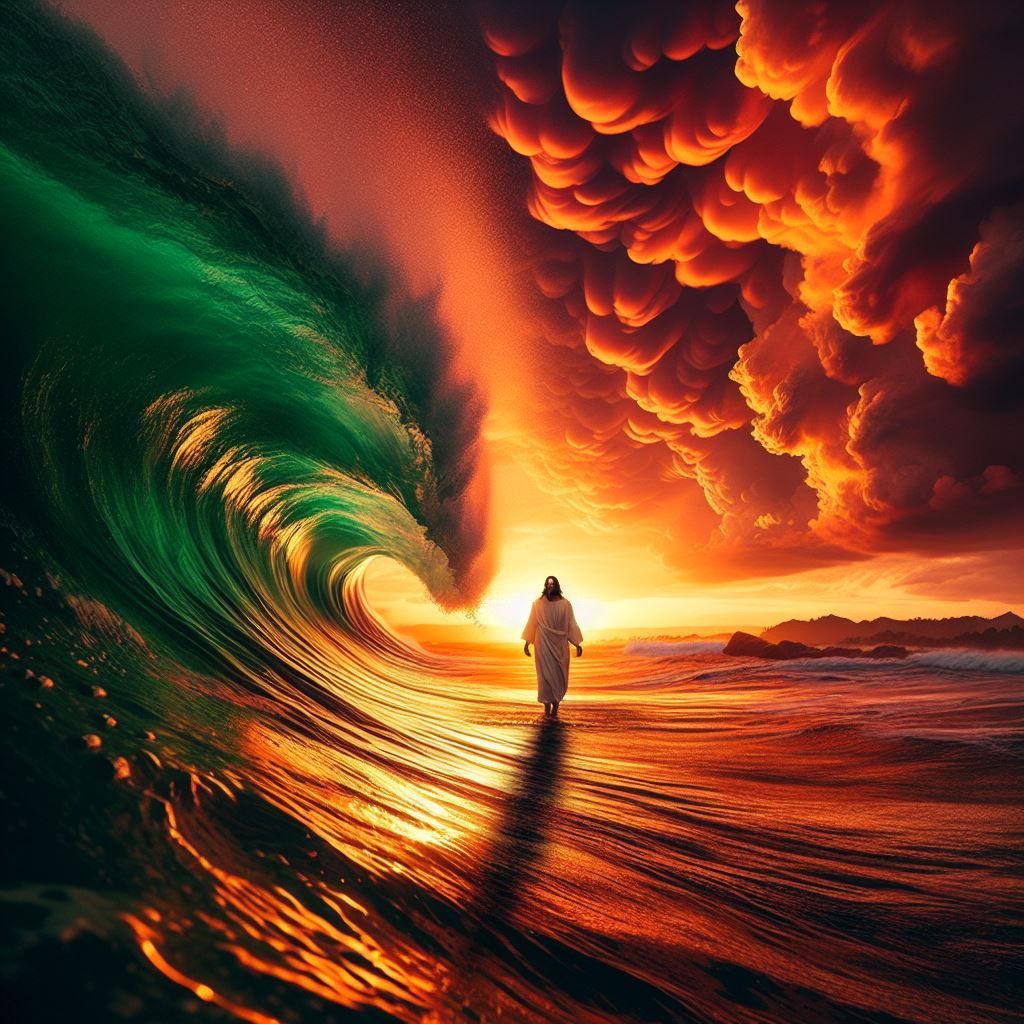 russel ord photography, sunset, Jesus walks on water, fiery sky, green waves, beautiful clouds, heavenly