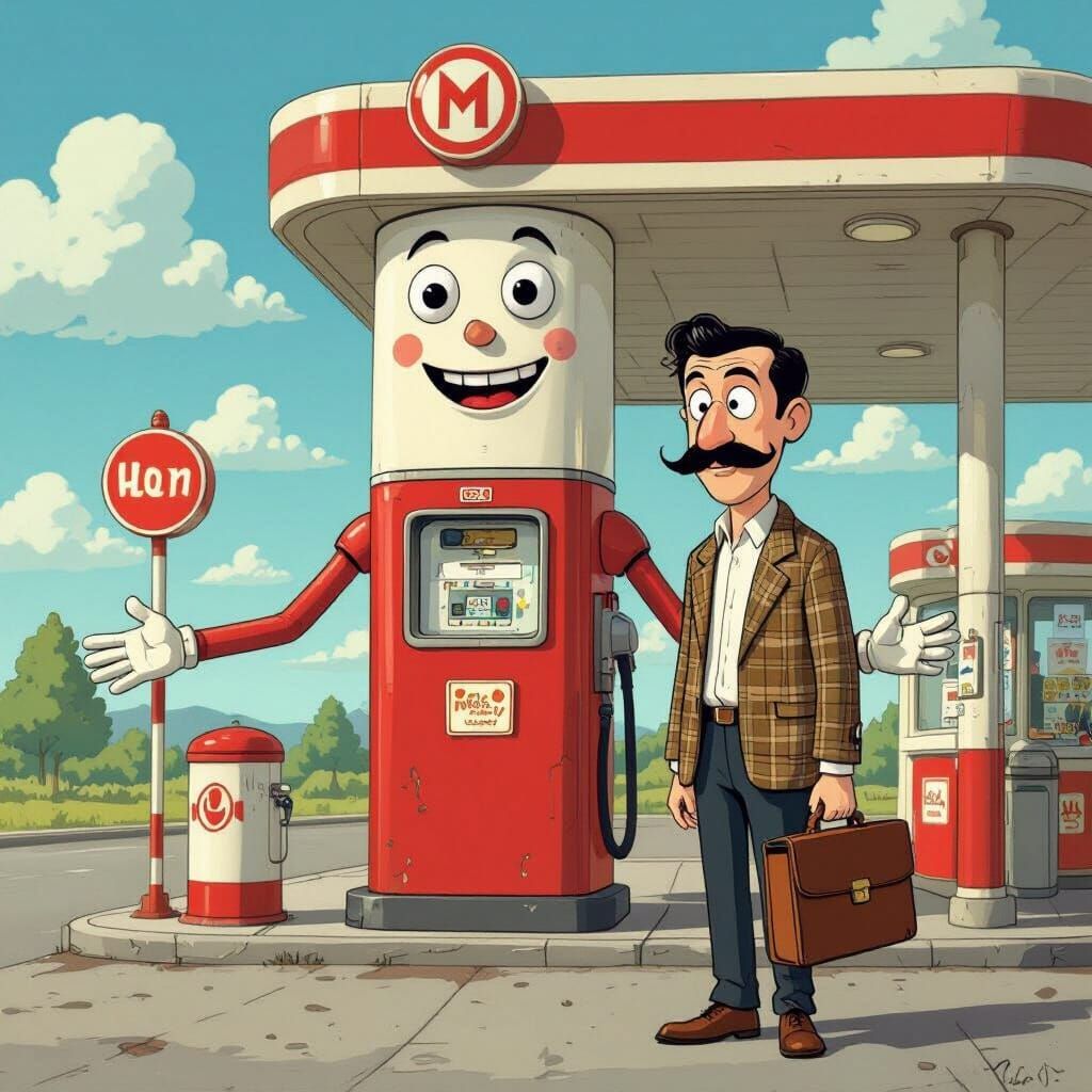 Whimsical Gas Station Character with Mr. Bean